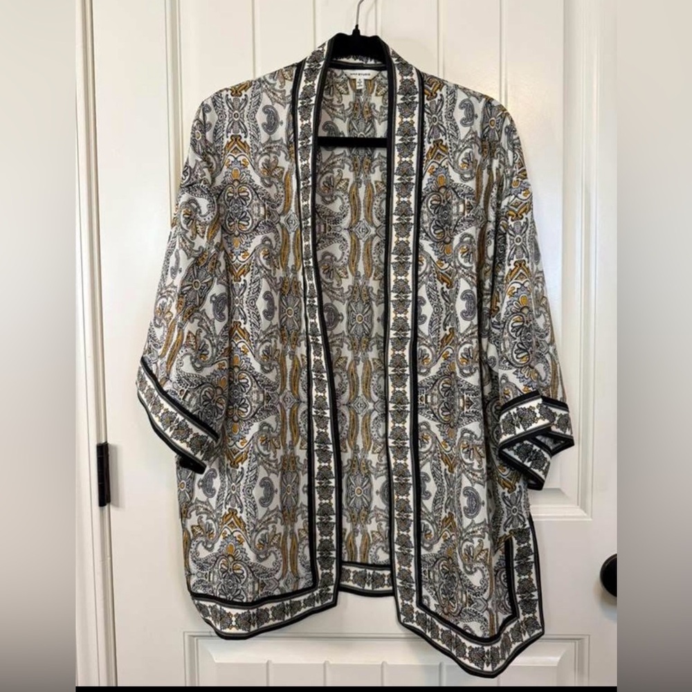 Max Studio open front Kimono Duster black cream yellow oversized fits XS & Small